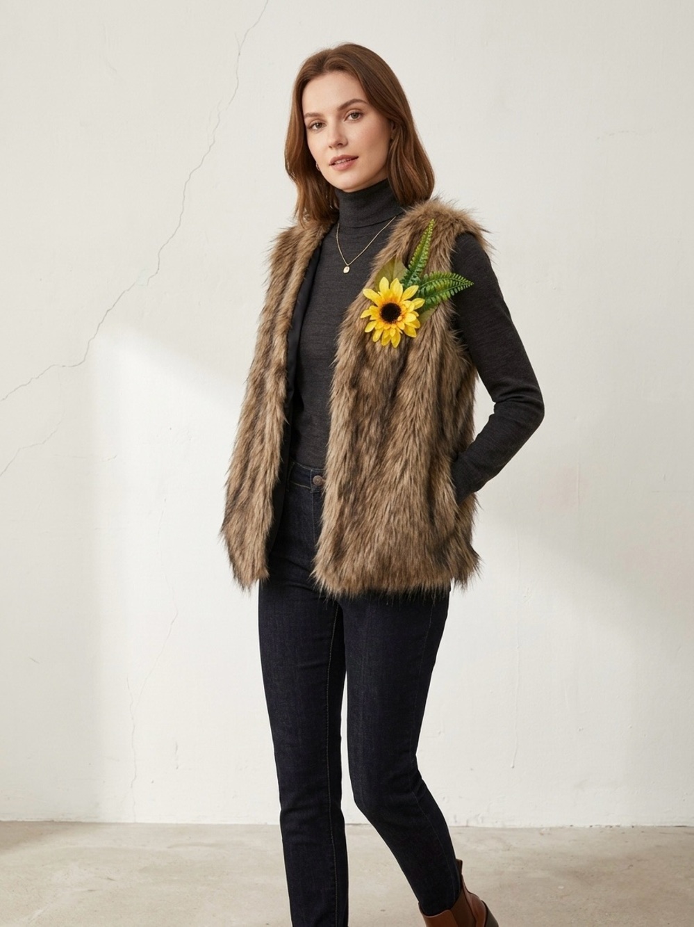 Faux Fur Vest in Brown